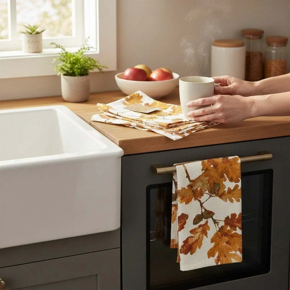 Gilded Maple Kitchen Towels Set 2 Cream Orange NWT Fall Leaves Acorn Autumn